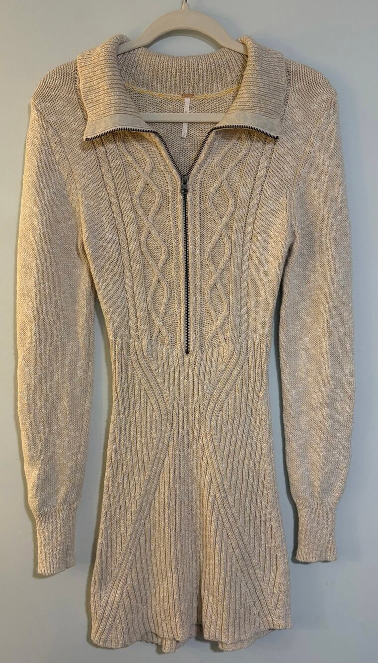 Free People S Cream Cable Knit Half Zip Sweater Dress Long Sleeve Mini